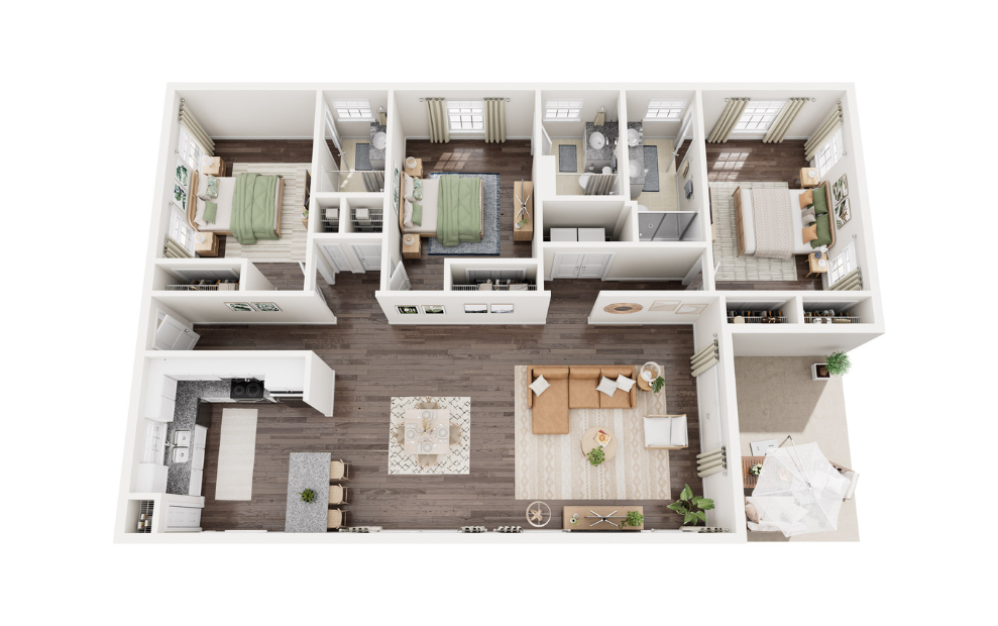 The Woods - 3 bedroom floorplan layout with 3 bathrooms and 1495 square feet